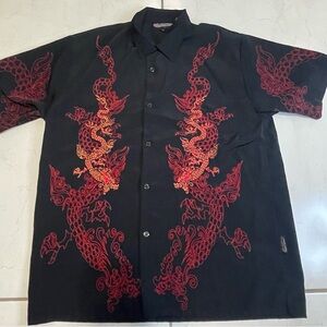 Sapphire Lounge Shirt Mens XL Black Red Tribal Dragon Short Sleeve Button Up